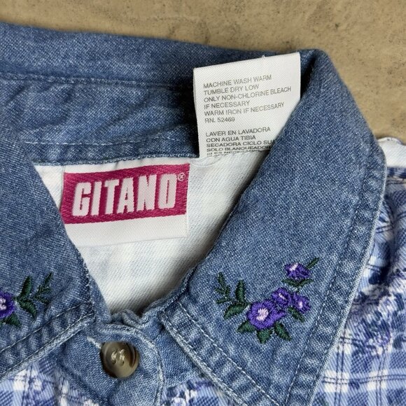 Vintage Gitano Girls Shirt Size 6 Plaid Floral Denim Collar Embroidered 90s - Picture 5 of 5